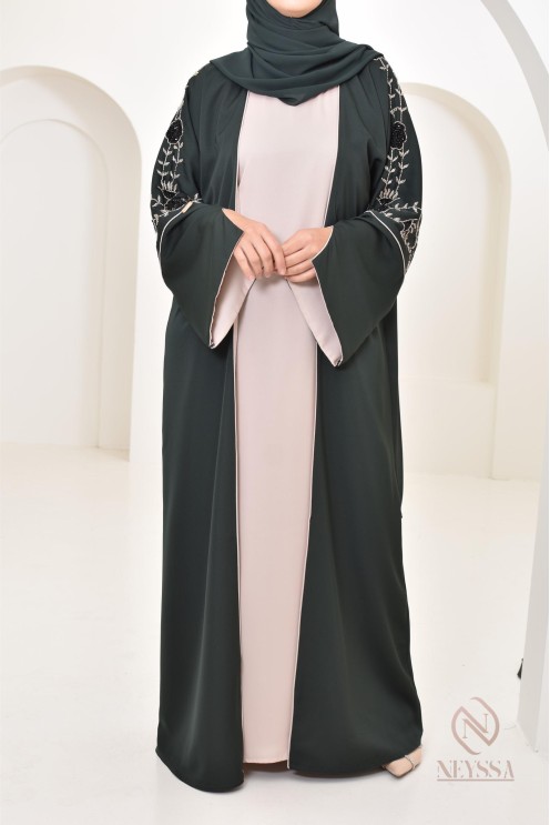 Robe kimono Dubaï 4 pièces avec perles aux détails floraux, pour l'Aïd 2024
