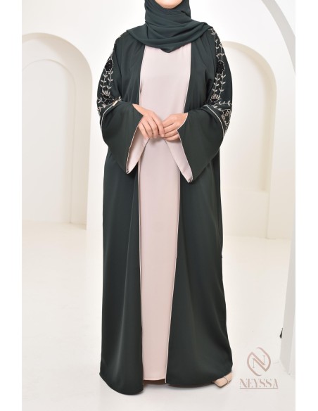 Robe kimono Dubaï 4 pièces avec perles aux détails floraux, pour l'Aïd 2024