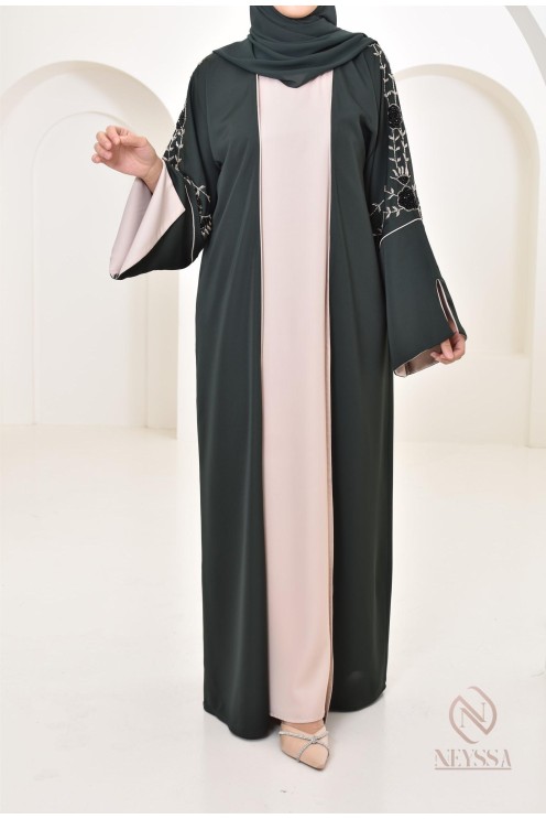 Robe kimono Dubaï 4 pièces avec perles aux détails floraux, pour l'Aïd 2024
