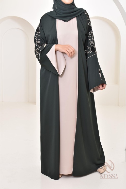 4-Piece Dubai Kimono Dress with Floral Beading for Eid 2024