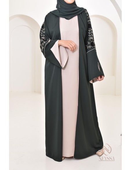 4-teiliges Dubai Kimono Kleid mit Perlen mit floralen Details, für Eid 2024