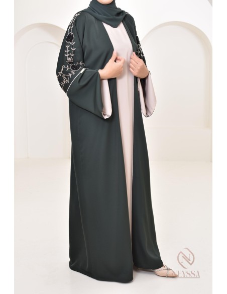 4-teiliges Dubai Kimono Kleid mit Perlen mit floralen Details, für Eid 2024