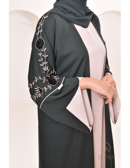 Robe kimono Dubaï 4 pièces avec perles aux détails floraux, pour l'Aïd 2024