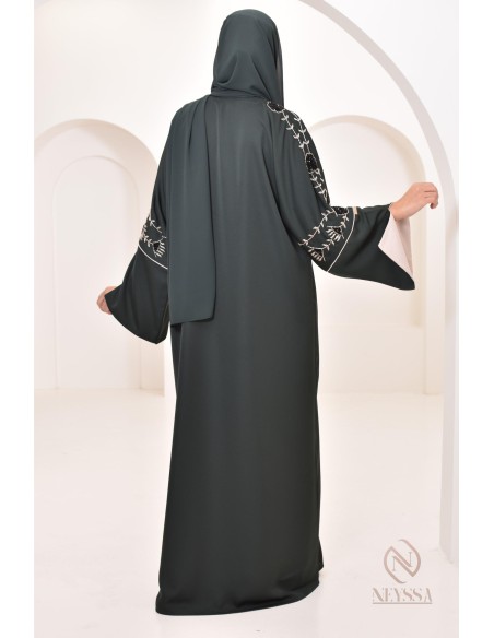 Robe kimono Dubaï 4 pièces avec perles aux détails floraux, pour l'Aïd 2024