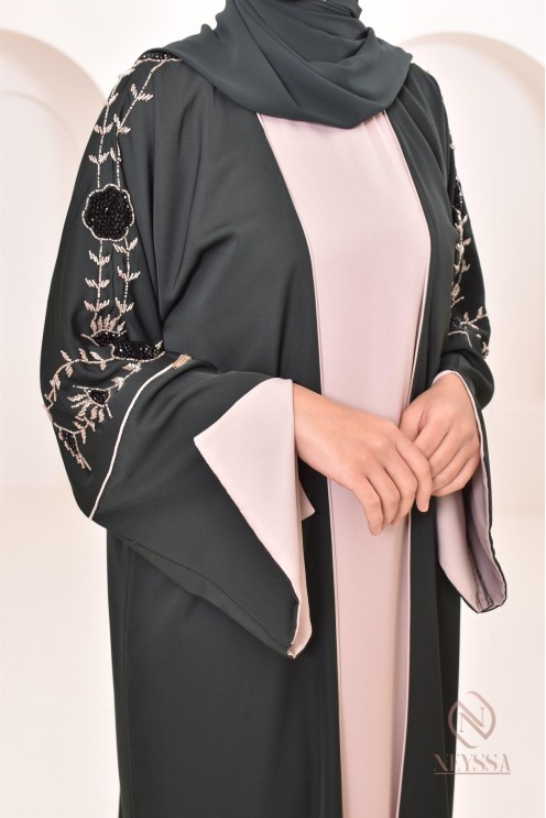 4-Piece Dubai Kimono Dress with Floral Beading for Eid 2024