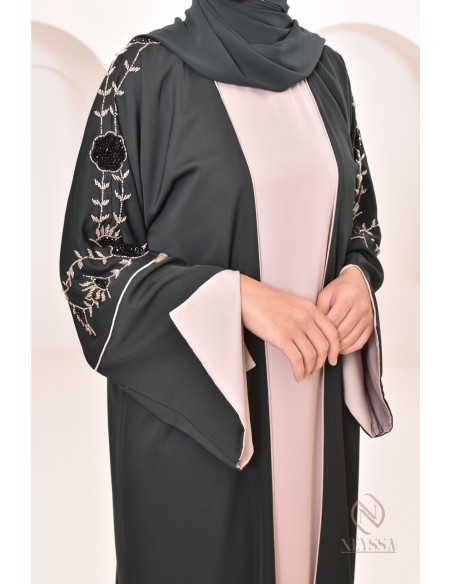 Robe kimono Dubaï 4 pièces avec perles aux détails floraux, pour l'Aïd 2024