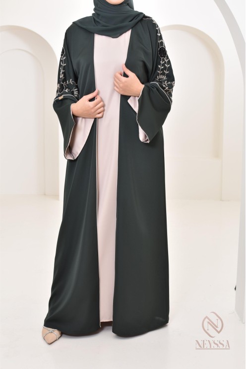 4-Piece Dubai Kimono Dress with Floral Beading for Eid 2024