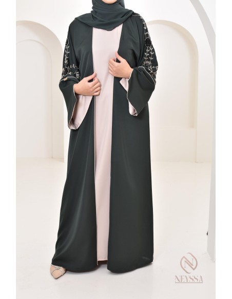 4-teiliges Dubai Kimono Kleid mit Perlen mit floralen Details, für Eid 2024