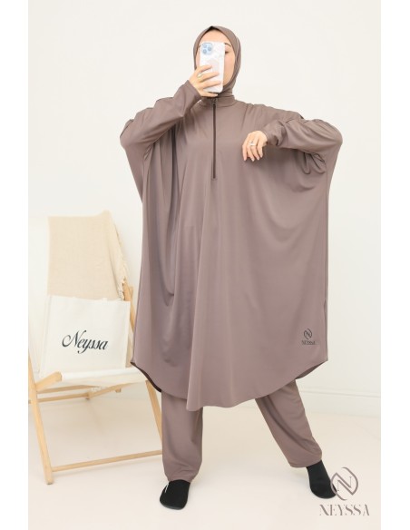 Loose-fitting tunic burkini with integrated bonnet taupe