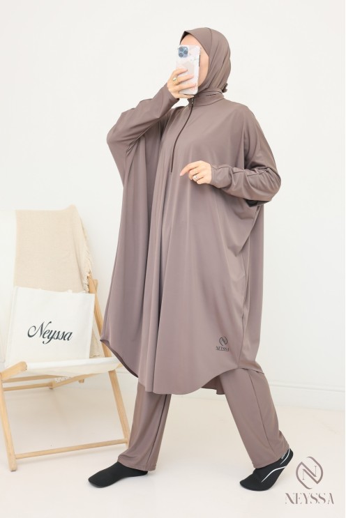 Burkini tunique ample avec cagoule intégrée taupe, tissu hydrofuge