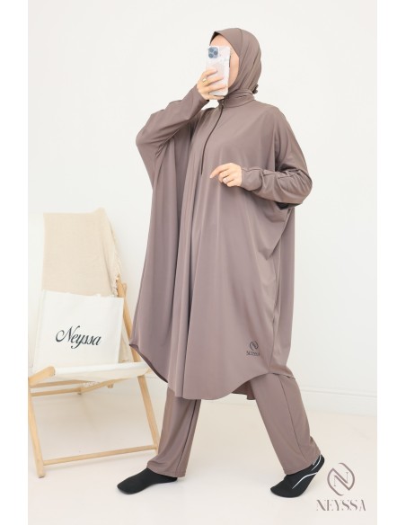 Loose-fitting tunic burkini with integrated bonnet taupe
