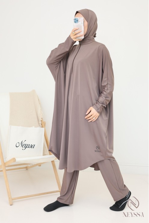 Burkini tunique ample avec cagoule intégrée taupe, tissu hydrofuge