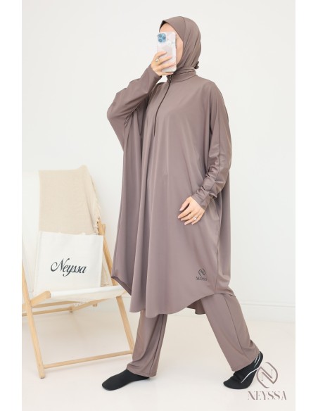 Loose-fitting tunic burkini with integrated bonnet taupe