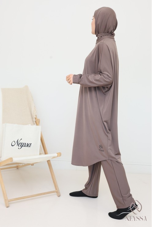 Burkini Tunika weit geschnitten mit integrierter Kapuze taupe