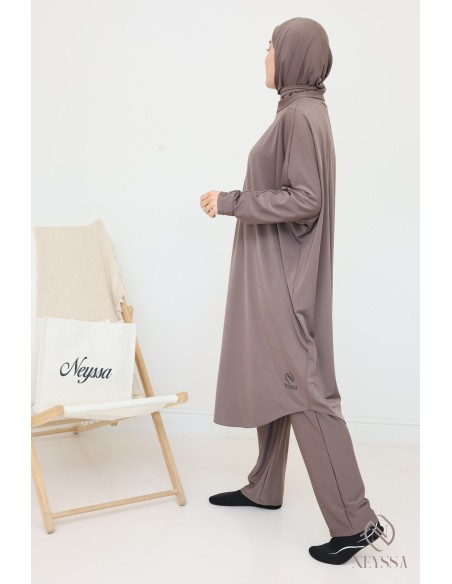 Burkini Tunika weit geschnitten mit integrierter Kapuze taupe