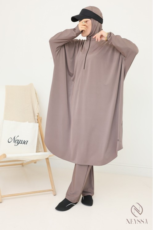 Loose-fitting tunic burkini with integrated bonnet taupe