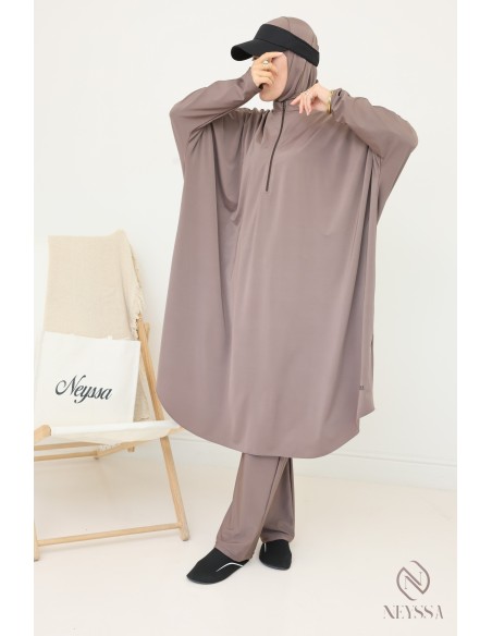 Loose-fitting tunic burkini with integrated bonnet taupe