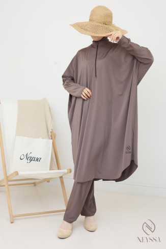 Burkini Tunika weit geschnitten mit integrierter Kapuze taupe