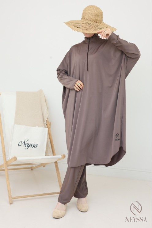 Loose-fitting tunic burkini with integrated bonnet taupe