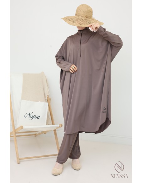 Burkini Tunika weit geschnitten mit integrierter Kapuze taupe