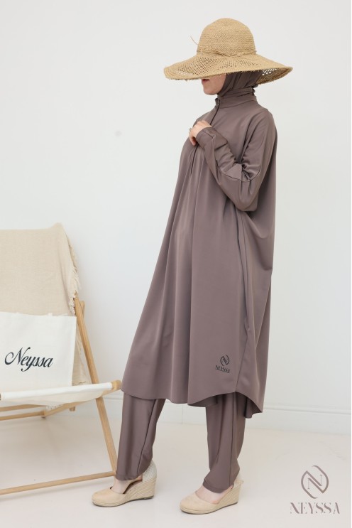 Loose-fitting tunic burkini with integrated bonnet taupe