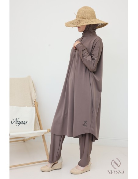 Loose-fitting tunic burkini with integrated bonnet taupe