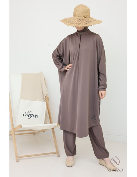 Loose-fitting tunic burkini with integrated bonnet taupe