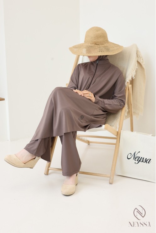 Burkini tunique ample avec cagoule intégrée taupe, tissu hydrofuge