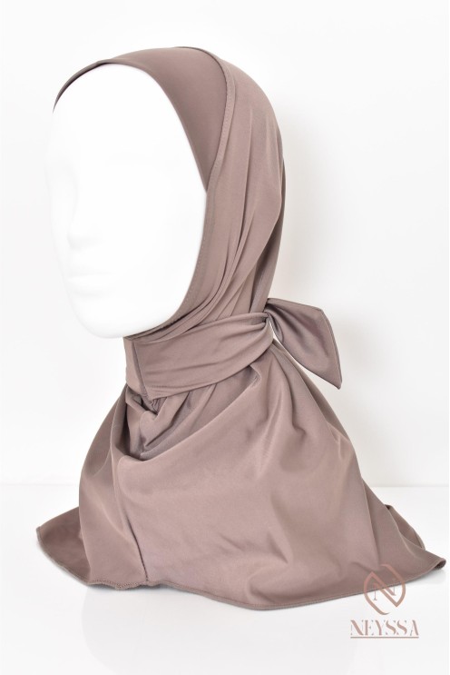 Loose-fitting tunic burkini with integrated bonnet taupe