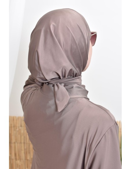 Loose-fitting tunic burkini with integrated bonnet taupe