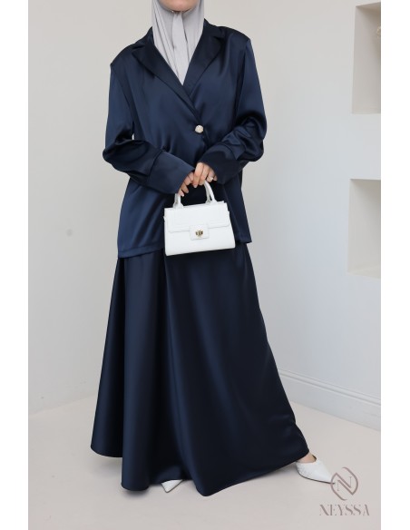 Ensemble blazer jupe longue satiné, combo modeste élégante hijabi