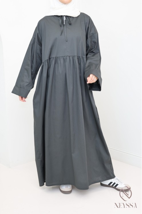 Robe longue manches longues coupe ample, tissu effet coton