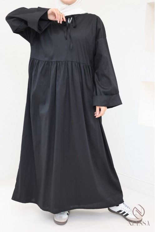 Langes Kleid mit langen Ärmeln, lockerer Schnitt, Baumwolleffekt