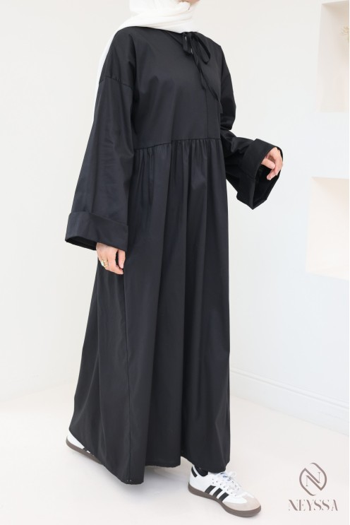 Langes Kleid mit langen Ärmeln, lockerer Schnitt, Baumwolleffekt