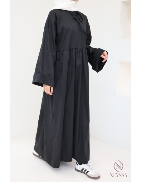 Robe longue manches longues coupe ample, tissu effet coton