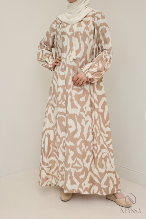 Robe longue camel en coton, grande taille, motifs style bohème