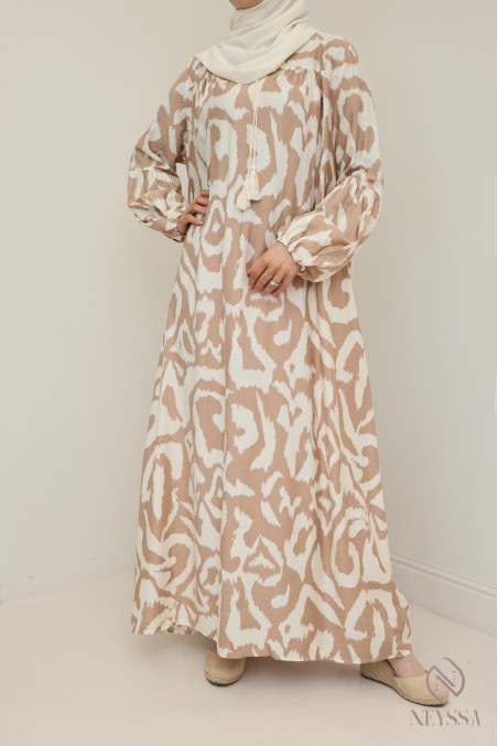 Robe longue camel en coton, grande taille, motifs style bohème