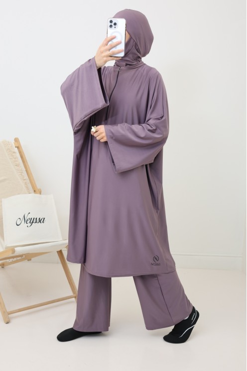 Burkini mit weitem Schnitt Tunika, Palazzo und Kapuze.