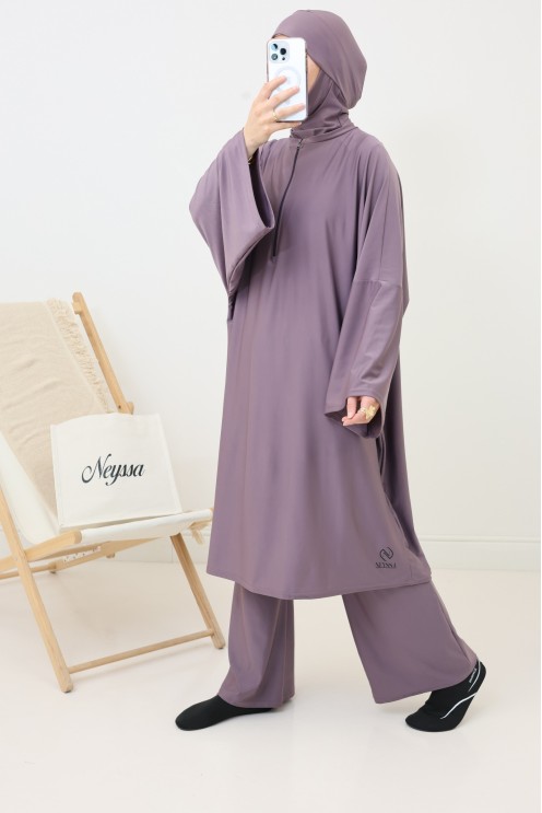 Full-cut burkini, tunic, palazzo and hood, water-repellent fabric