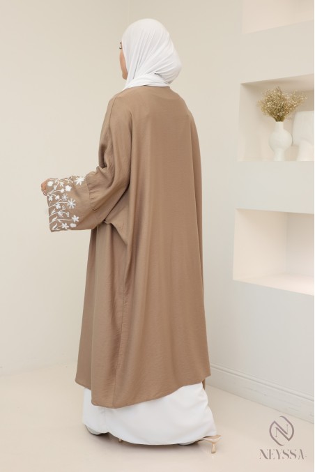 Kimono with embroidered flowers on sleeves, linen-effect fabric