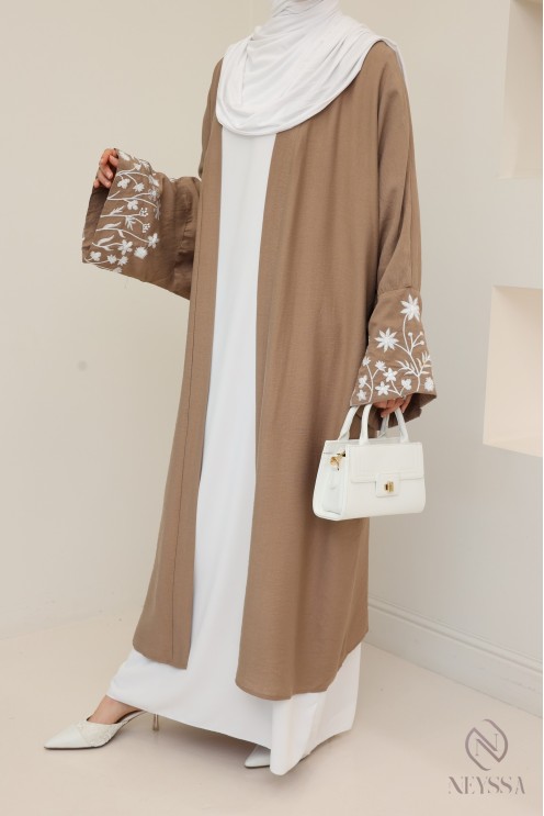 Kimono with embroidered flowers on sleeves, linen-effect fabric