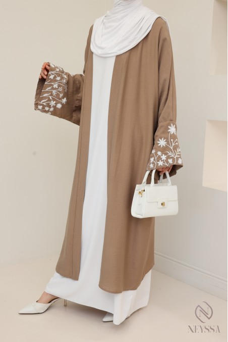 Kimono avec fleurs brodées sur les manches, tissu effet lin