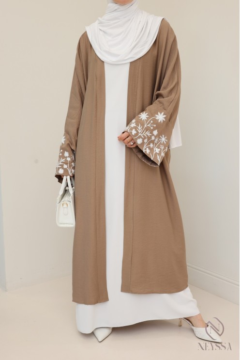 Kimono avec fleurs brodées sur les manches, tissu effet lin