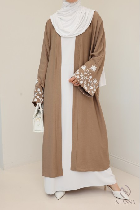 Kimono with embroidered flowers on sleeves, linen-effect fabric