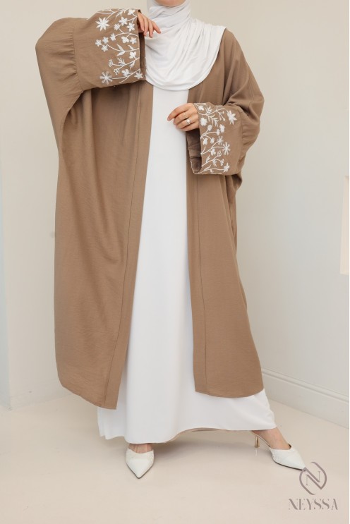 Kimono avec fleurs brodées sur les manches, tissu effet lin