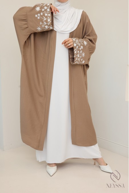 Kimono avec fleurs brodées sur les manches, tissu effet lin