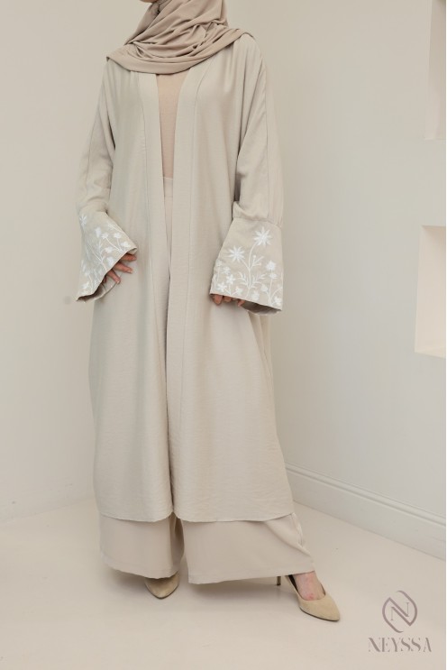 Kimono with embroidered flowers on sleeves, linen-effect fabric