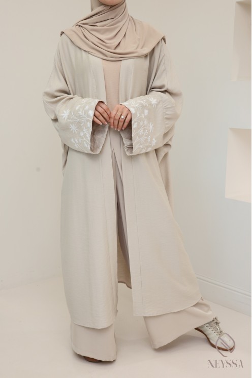 Kimono avec fleurs brodées sur les manches, tissu effet lin