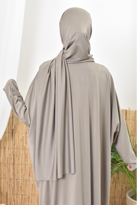 Jilbeb de bain burkini taupe femme, tissu hydrofuge haute qualité
