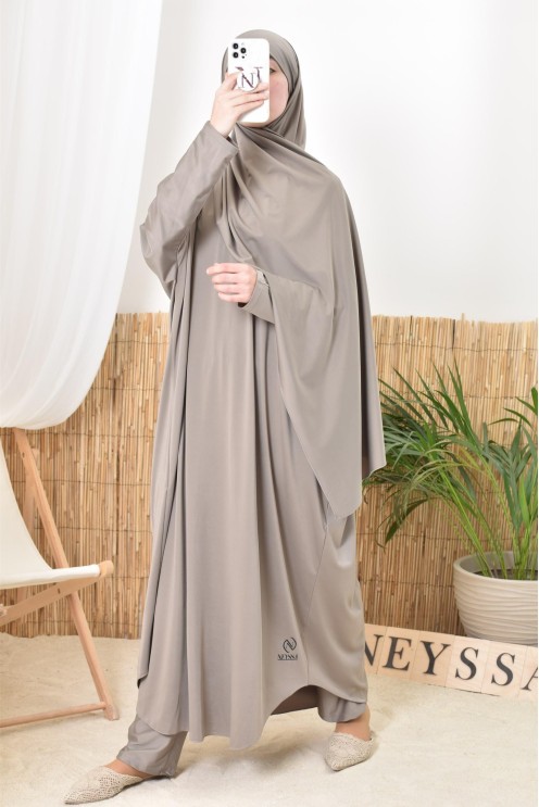 Jilbeb de bain burkini taupe femme, tissu hydrofuge haute qualité